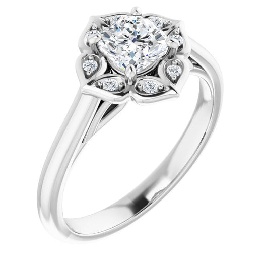 10K White Gold Customizable Cathedral-raised Cushion Cut Design with Star Halo & Round-Bezel Peekaboo Accents