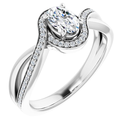 10K White Gold Customizable Bypass-Halo-Accented Oval Cut Center with Twisting Split Shared Prong Band