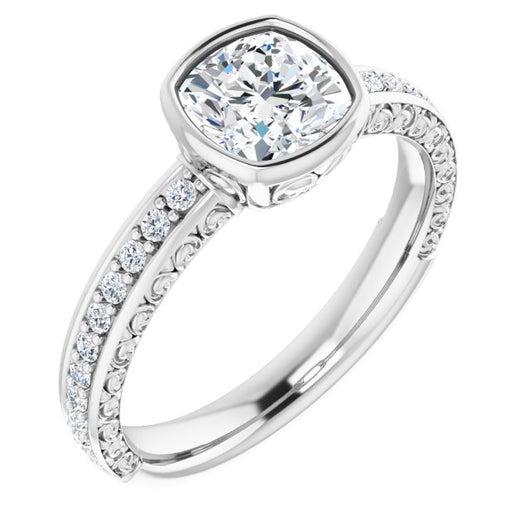 10K White Gold Customizable Bezel-set Cushion Cut Design with Cloud-pattern Band & Semi-Eternity Accents