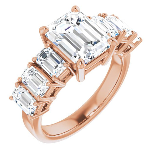 10K Rose Gold Customizable 7-stone Emerald/Radiant Cut Design with Large Round-Prong Side Stones