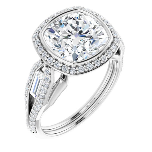 10K White Gold Customizable Cathedral-Bezel Cushion Cut Design with Halo, Split-Pavé Band & Channel Baguettes