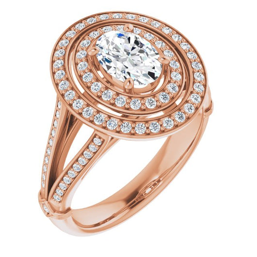 10K Rose Gold Customizable Cathedral-set Oval Cut Design with Double Halo, Wide Split-Shared Prong Band and Side Knuckle Accents