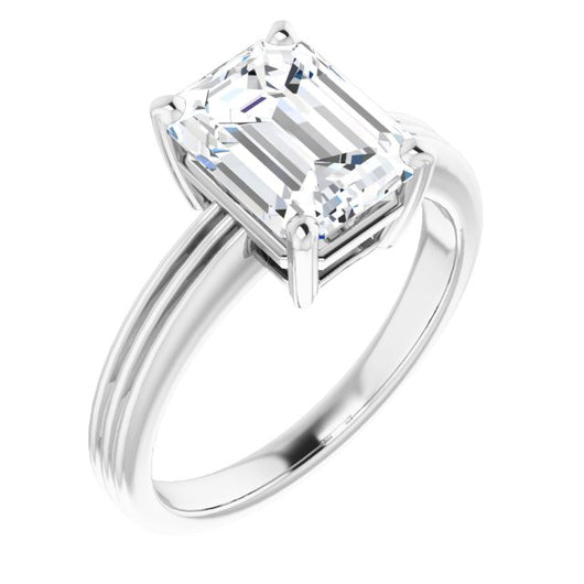 10K White Gold Customizable Emerald/Radiant Cut Solitaire with Double-Grooved Band