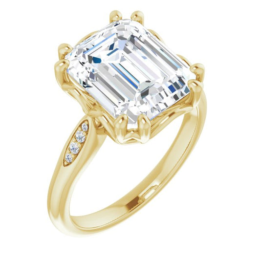 10K Yellow Gold Customizable 9-stone Emerald/Radiant Cut Design with 8-prong Decorative Basket & Round Cut Side Stones