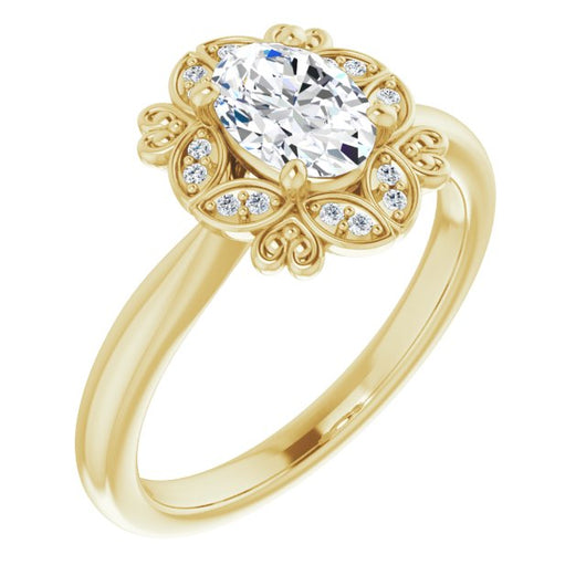 10K Yellow Gold Customizable Oval Cut Design with Floral Segmented Halo & Sculptural Basket