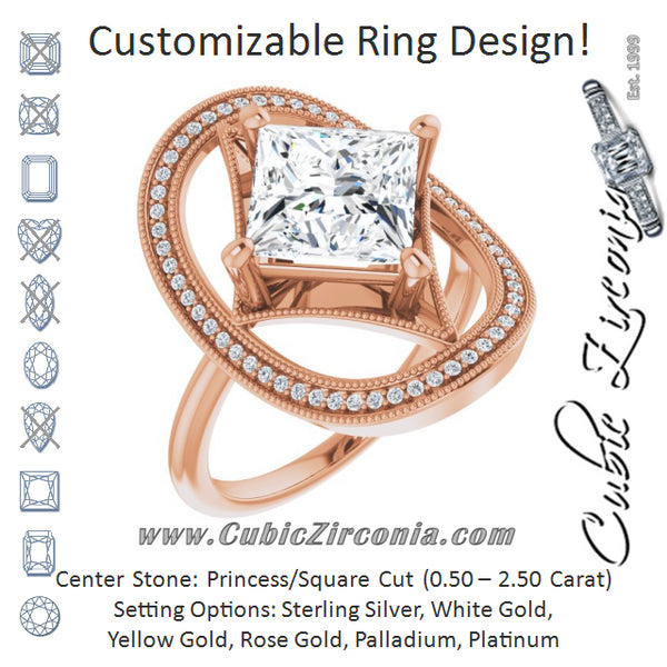 Cubic Zirconia Engagement Ring- The Mireya (Customizable Kite-Rhombus Princess/Square Cut Design with Beaded Milgrain & Halo Accents)