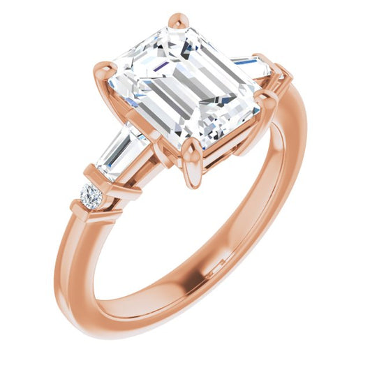 10K Rose Gold Customizable 5-stone Baguette+Round-Accented Emerald/Radiant Cut Design)