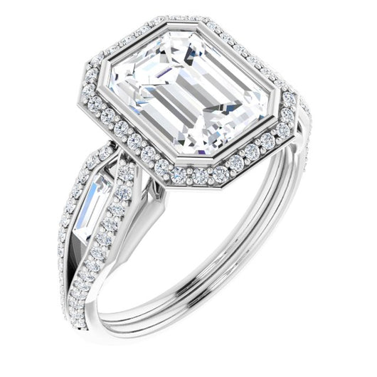 10K White Gold Customizable Cathedral-Bezel Emerald/Radiant Cut Design with Halo, Split-Pavé Band & Channel Baguettes