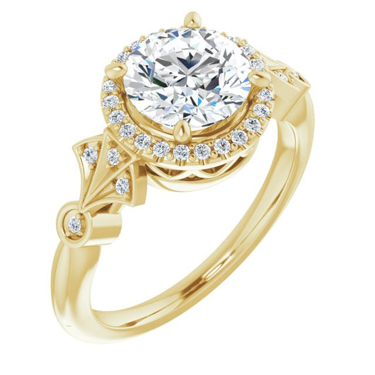 10K Yellow Gold Customizable Cathedral-Crown Round Cut Design with Halo and Scalloped Side Stones