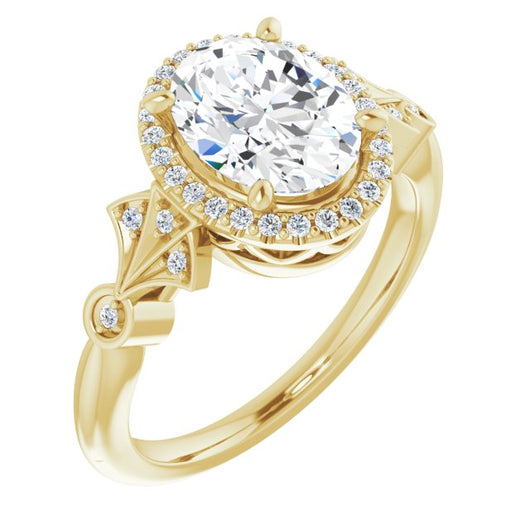 10K Yellow Gold Customizable Cathedral-Crown Oval Cut Design with Halo and Scalloped Side Stones