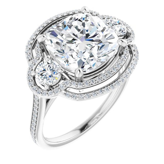 10K White Gold Customizable Enhanced 3-stone Double-Halo Style with Cushion Cut Center and Thin Band