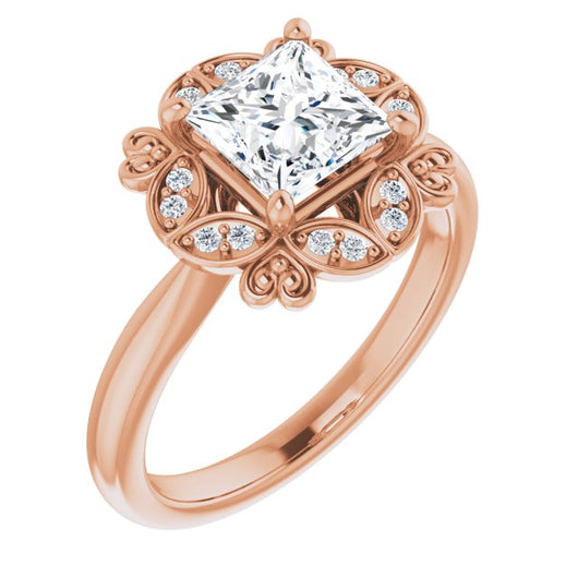 10K Rose Gold Customizable Princess/Square Cut Design with Floral Segmented Halo & Sculptural Basket