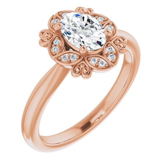 10K Rose Gold Customizable Oval Cut Design with Floral Segmented Halo & Sculptural Basket