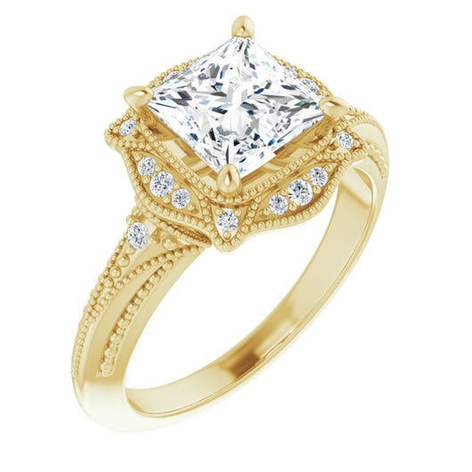 10K Yellow Gold Customizable Vintage Princess/Square Cut Design with Beaded Milgrain and Starburst Semi-Halo