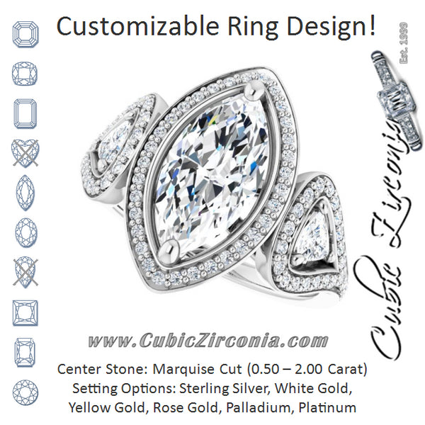 Cubic Zirconia Engagement Ring- The Cordelia (Customizable Cathedral-set Marquise Cut Design with 2 Trillion Cut Accents, Halo and Split-Shared Prong Band)