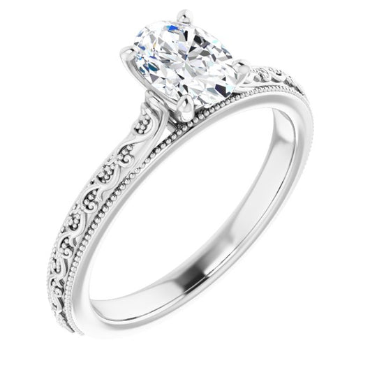 10K White Gold Customizable Oval Cut Solitaire with Delicate Milgrain Filigree Band