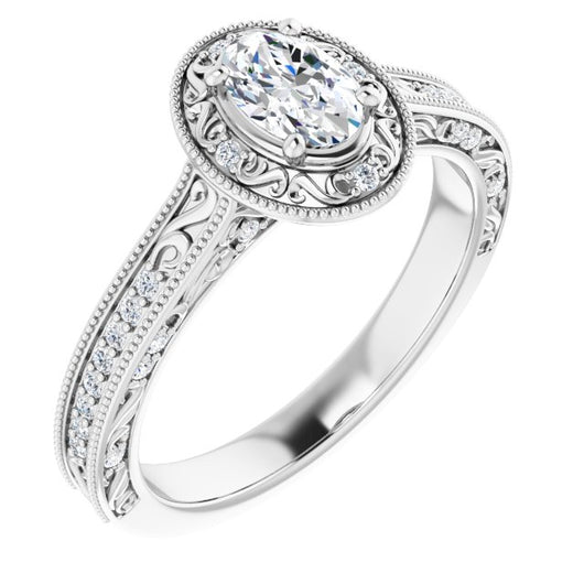 10K White Gold Customizable Vintage Artisan Oval Cut Design with 3-Sided Filigree and Side Inlay Accent Enhancements