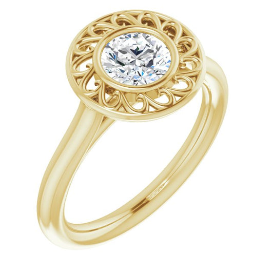 10K Yellow Gold Customizable Cathedral-Bezel Style Round Cut Solitaire with Flowery Filigree