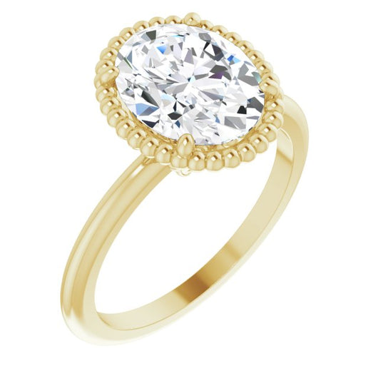 10K Yellow Gold Customizable Oval Cut Solitaire with Beaded Metallic Milgrain