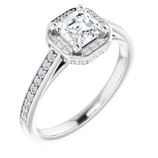 10K White Gold Customizable Cathedral-Halo Asscher Cut Design with Under-halo & Shared Prong Band