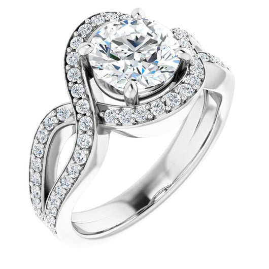 10K White Gold Customizable Round Cut Center with Infinity-inspired Split Shared Prong Band and Bypass Halo