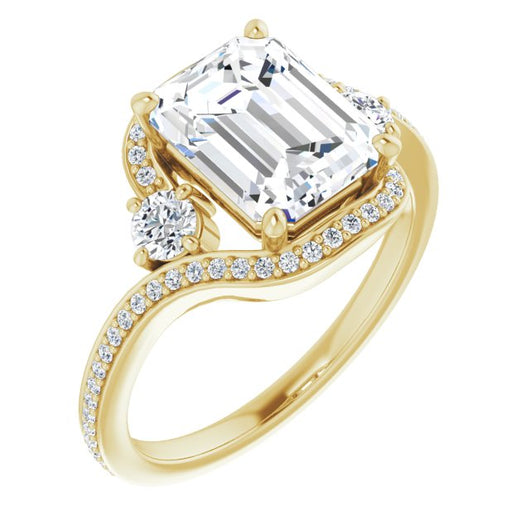 10K Yellow Gold Customizable Emerald/Radiant Cut Bypass Design with Semi-Halo and Accented Band