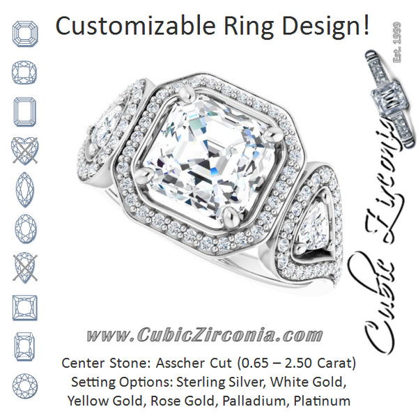 Cubic Zirconia Engagement Ring- The Cordelia (Customizable Cathedral-set Asscher Cut Design with 2 Trillion Cut Accents, Halo and Split-Shared Prong Band)