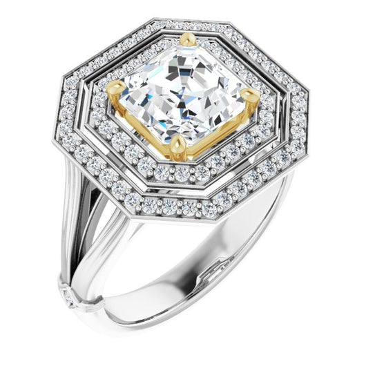 14K White & Yellow Gold Customizable Cathedral-set Asscher Cut Design with Double Halo, Wide Split Band and Side Knuckle Accents