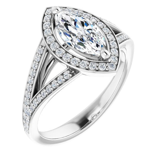 10K White Gold Customizable Cathedral-Halo Marquise Cut Style featuring Split-Shared Prong Band