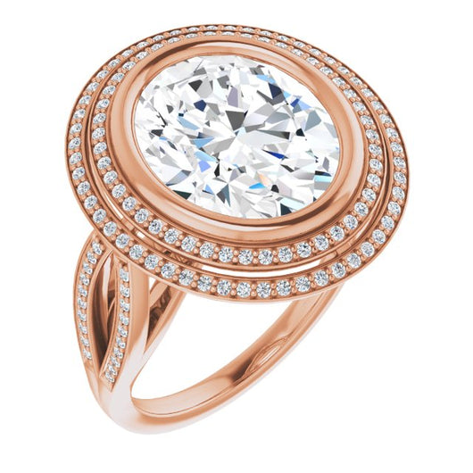 10K Rose Gold Customizable Bezel-set Oval Cut Style with Double Halo and Split Shared Prong Band