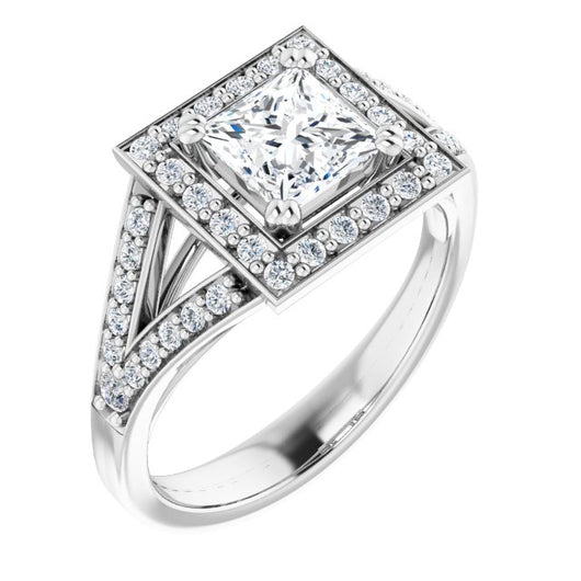 10K White Gold Customizable Cathedral-set Princess/Square Cut Style with Accented Split Band and Halo