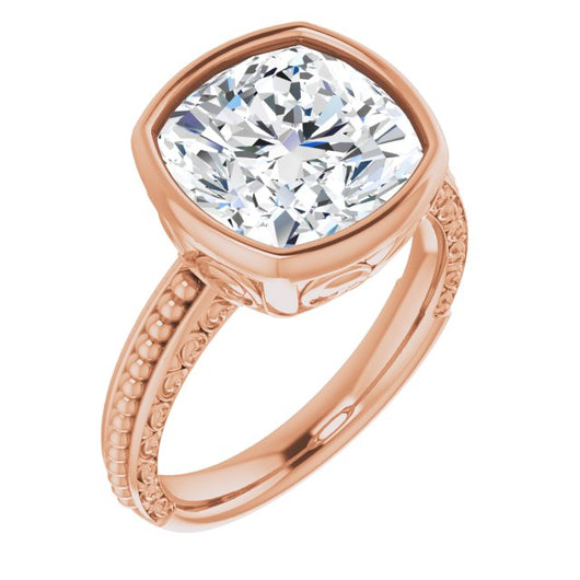 10K Rose Gold Customizable Bezel-set Cushion Cut Solitaire with Beaded and Carved Three-sided Band