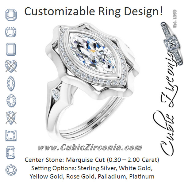 Cubic Zirconia Engagement Ring- The Jeanne (Customizable Bezel-set Marquise Cut with Halo & Oversized Floral Design)