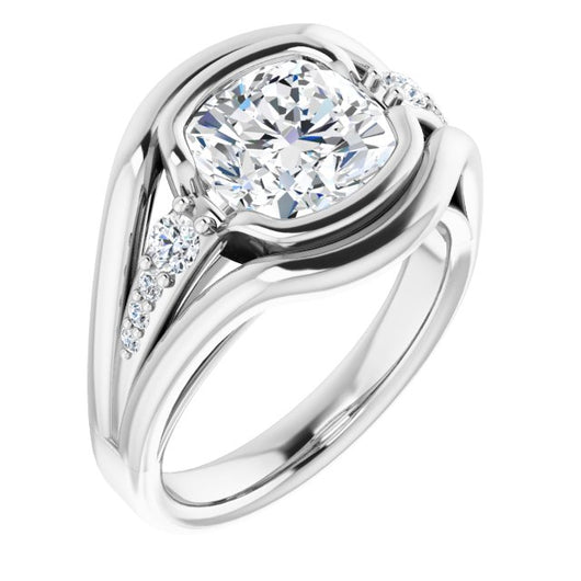 10K White Gold Customizable 9-stone Cushion Cut Design with Bezel Center, Wide Band and Round Prong Side Stones