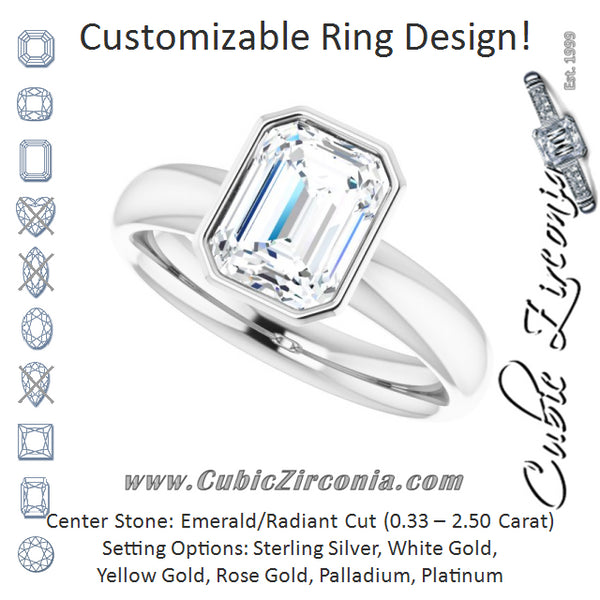 Cubic Zirconia Engagement Ring- The Jenny (Customizable Bezel-set Emerald Cut Solitaire with Wide Band)