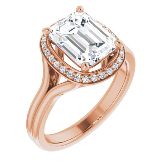 10K Rose Gold Customizable Cathedral-set Emerald/Radiant Cut Design with Split-band & Halo Accents