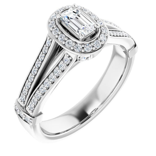 10K White Gold Customizable Emerald/Radiant Cut Setting with Halo, Under-Halo Trellis Accents and Accented Split Band