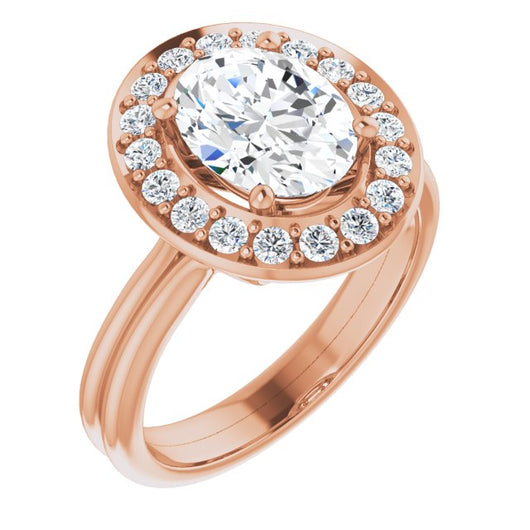 10K Rose Gold Customizable Cluster-Halo Accented Oval Cut Style with Tapered Dual Band