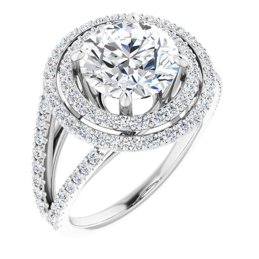 14K White Gold Customizable Round Cut Design with Double Halo and Wide Split-Pavé Band