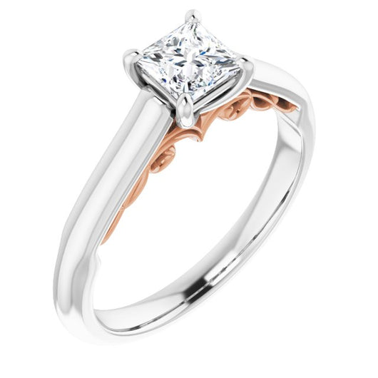 14K White & Rose Gold Customizable Princess/Square Cut Cathedral Solitaire with Two-Tone Option Decorative Trellis 'Down Under'