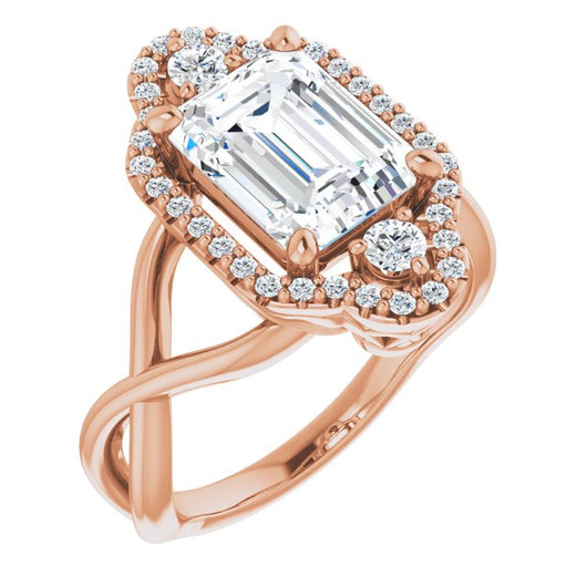 10K Rose Gold Customizable Vertical 3-stone Emerald/Radiant Cut Design Enhanced with Multi-Halo Accents and Twisted Band