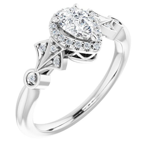 10K White Gold Customizable Cathedral-Crown Pear Cut Design with Halo and Scalloped Side Stones