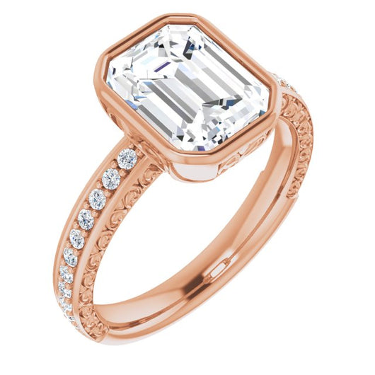 10K Rose Gold Customizable Bezel-set Emerald/Radiant Cut Design with Cloud-pattern Band & Semi-Eternity Accents