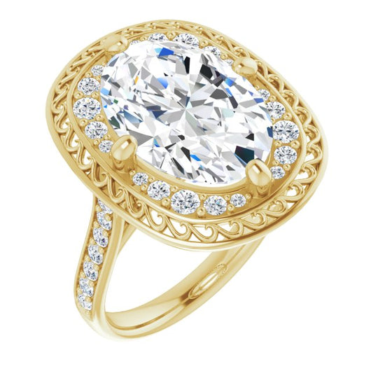 10K Yellow Gold Customizable Cathedral-style Oval Cut featuring Cluster Accented Filigree Setting & Shared Prong Band