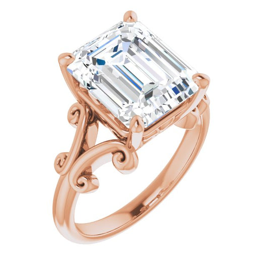 10K Rose Gold Customizable Emerald/Radiant Cut Solitaire with Band Flourish and Decorative Trellis