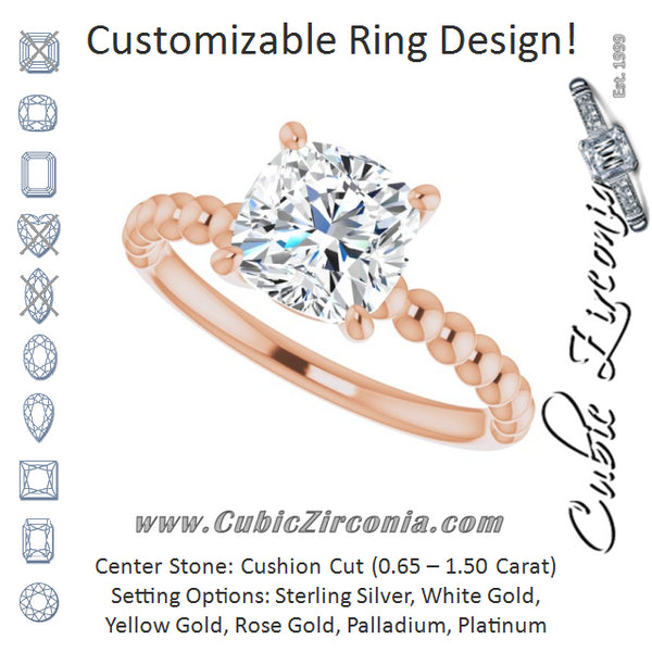 Cubic Zirconia Engagement Ring- The Hattie (Customizable Cushion Cut Solitaire with Thin Beaded-Bubble Band)