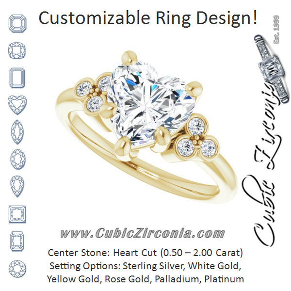 Cubic Zirconia Engagement Ring- The Irene (Customizable 7-stone Heart Cut Center with Round-Bezel Side Stones)