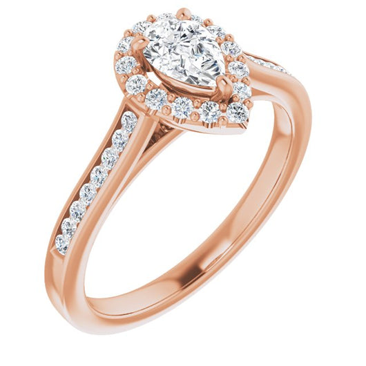 10K Rose Gold Customizable Pear Cut Design with Halo, Round Channel Band and Floating Peekaboo Accents