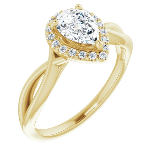 10K Yellow Gold Customizable Cathedral-Halo Pear Cut Design with Twisting Split Band