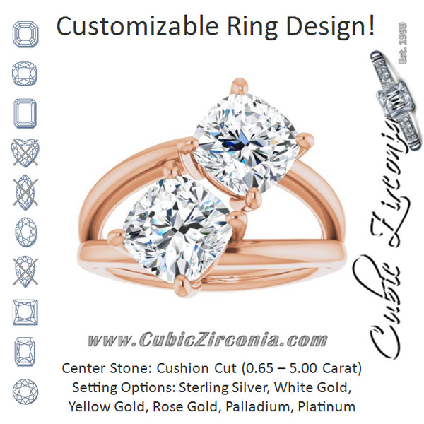 Cubic Zirconia Engagement Ring- The Melaine (Customizable Two Stone Double Cushion Cut Design with Split Bypass Band)